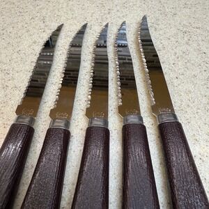 Vintage Quikut Steak Knife Set 5 Piece Serrated Stainless Steel USA Brown Handle